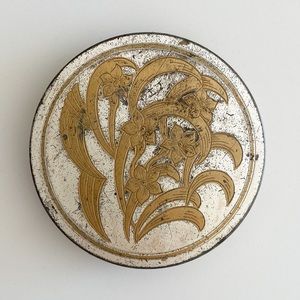 Gold & Silver Floral 3.5" Compact Powder Etched Flowers Round Mirror VNTG USA